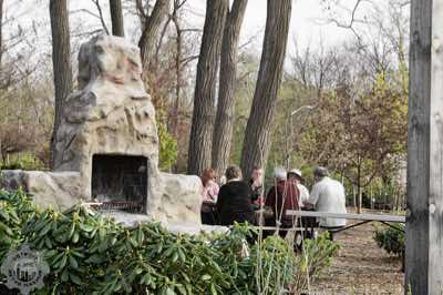 Outdoor fireplace and tables
